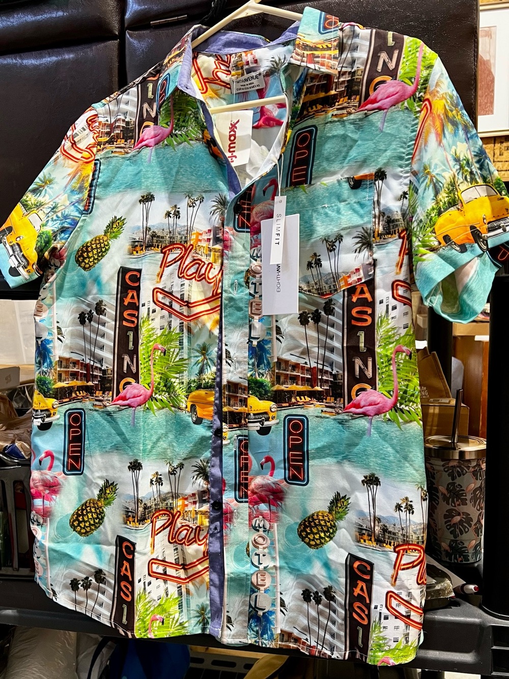 Men's Tropical Print Button-Up Shirt - Aqua with Flamingo & Pineapple size M